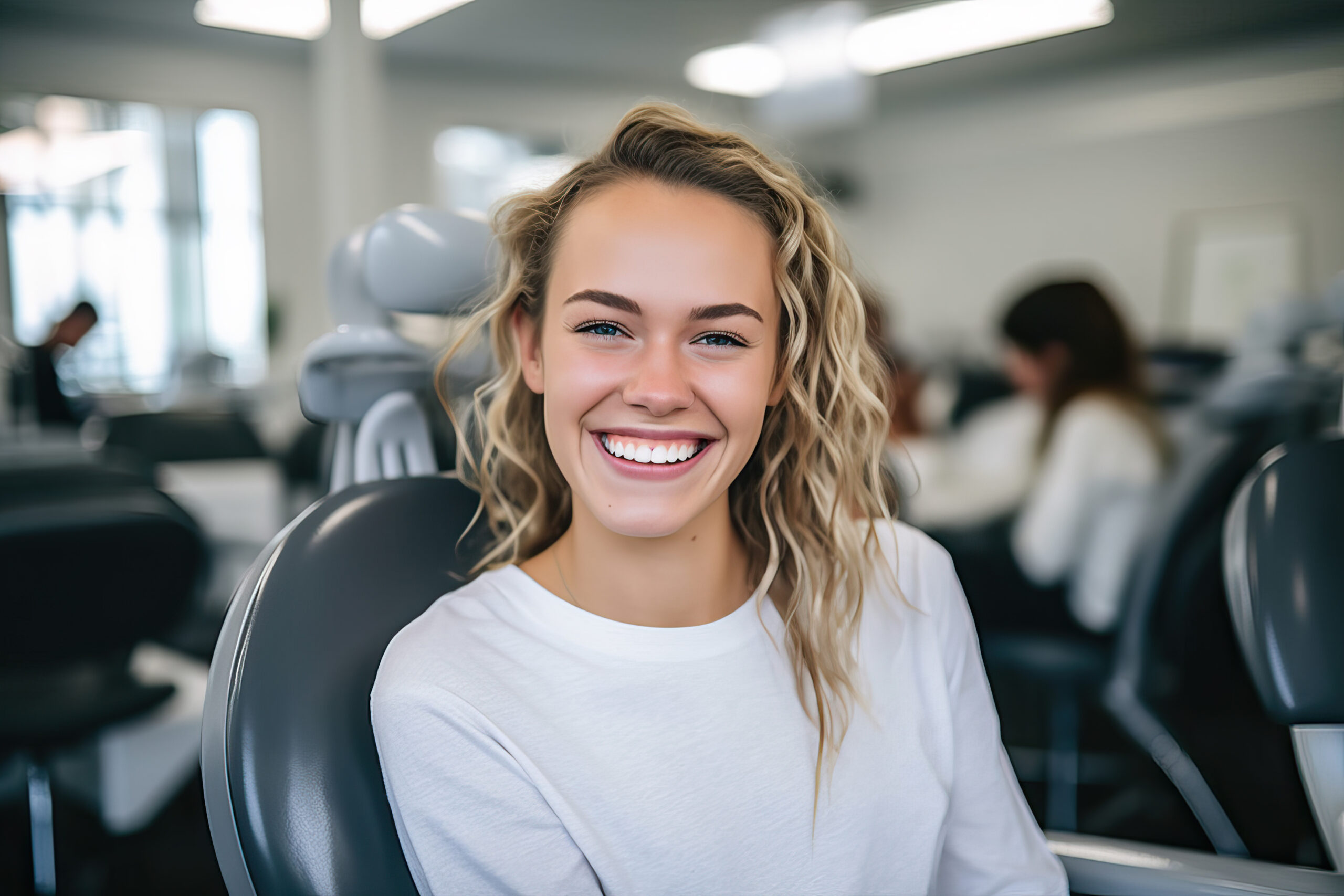 Happy woman in a dental chair showing off a bright smile after a dental bridge procedure